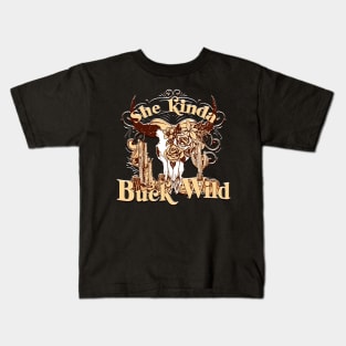 Vintage She Kinda Buck Wild Cow Skull Western For Cowboy Cowgirl Kids T-Shirt